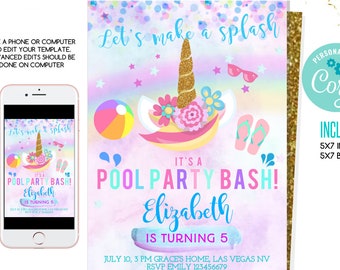 Unicorn pool party birthday invitation,editable unicorn birthday invite, pool party bash invitation, printable Invite, editable, invitation