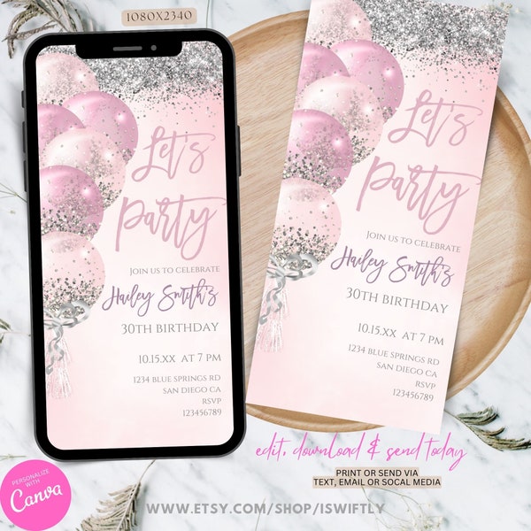 Pink white silver glitter digital birthday party invitation,phone text message evite,editable instant download printable dinner party invite