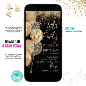 Editable birthday party digital invitation,text invitation black & gold instant download,dinner party digital invite,mobile phone invitation