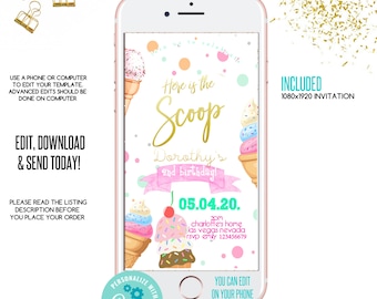 Icecream birthday invitation, here is the scoop birthday evite, e-invitation, Electronic Invite, smartphone,message invitation, Ice cream