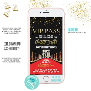 VIP pass birthday invitation, Hollywood party, Hollywood birthday, birthday invitation, Electronic Invite, birthday text Invite,phone Invite