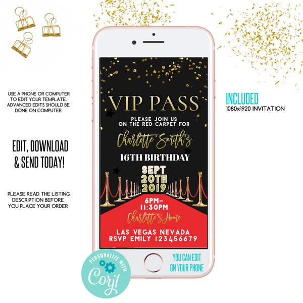 VIP pass birthday invitation, Hollywood party, Hollywood birthday, birthday invitation, Electronic Invite, birthday text Invite,phone Invite