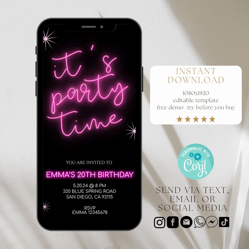Editable Let's Party Neon Birthday Text Invitation - Etsy