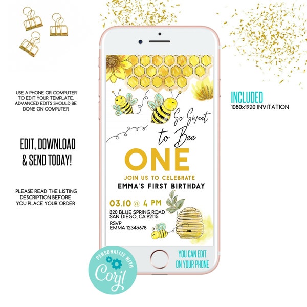 Bee birthday text invitation, honey bee e-invite, corjl phone invitation, Editable Invitation, Digital Invite,so sweet to bee one,bee Invite