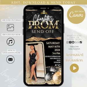 Animated elegant prom send off video invitation,digital prom party invitation,text invitation prom send off party,grad party,gold prom evite