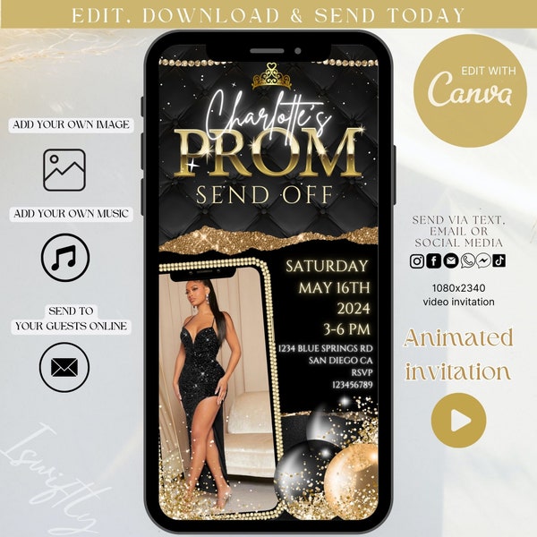 Animated elegant prom send off video invitation,digital prom party invitation,text invitation prom send off party,grad party,gold prom evite