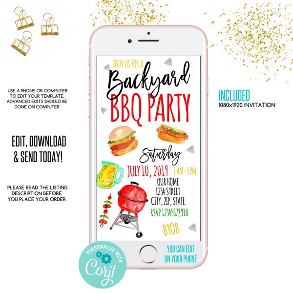 Back yard bbq e-invitation, bbq phone invite, bbq invitation, summer party Invitation, Electronic Invite, smartphone,bbq sms invitation