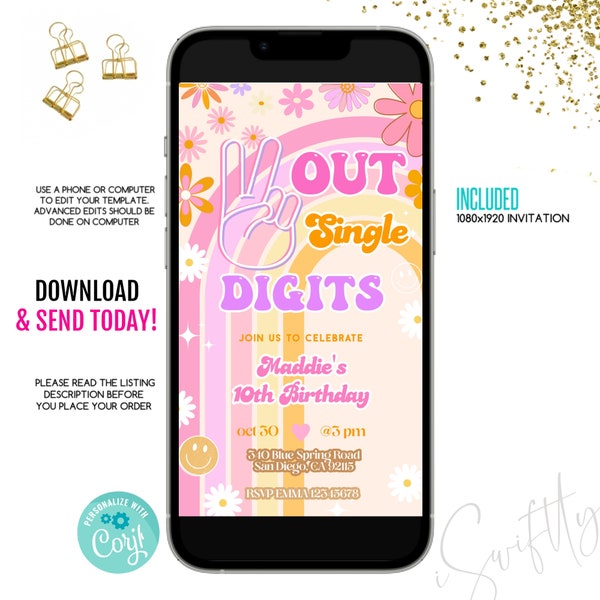 Out single digits birthday invitation,text invitation 10th birthday,retro birthday,boho retro hippie, birthday text Invite,evite, editable