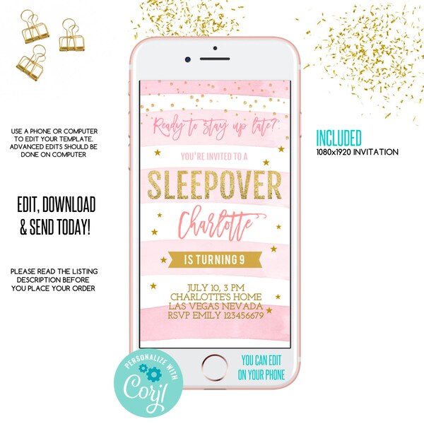 Sleepover birthday invitation, sleepover iphone invitation,sleepover e-invitation,electronic Invite, sleep over, text invite, iPhone, invite