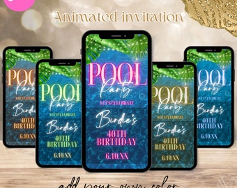 pool party video invitation, animated pool party birthday invitation, any color any age, digital invitation pool party, text invitation