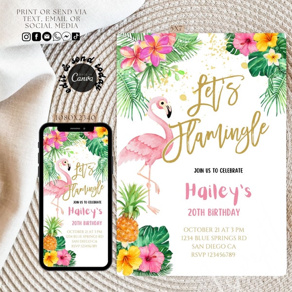 Let's flamingle birthday text invitation,tropical flamingo birthday invitation,editable flamingo invitation template,instant download evite