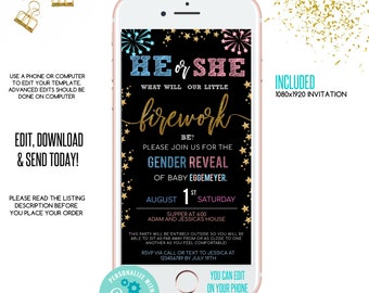 Digital bbq gender reveal invitation, firework gender reveal, babyQ phone invitation, Electronic Invite, text invitation, 4th of july evite