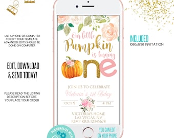 Pumpkin first birthday invitation,1st birthday,1st text birthday invitation, Electronic Invite, birthday text Invite, party phone Invitation