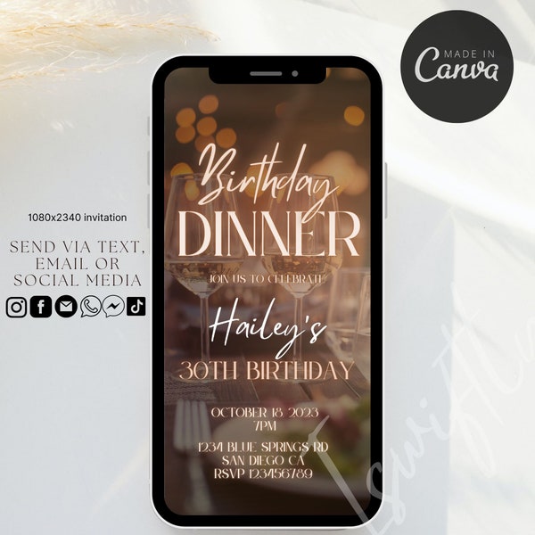 Elegant birthday dinner electronic invitation,editable birthday invitation,dinner party invitation, adult birthday dinner evite template