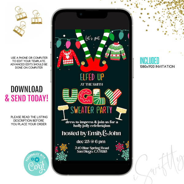 Ugly sweater Christmas party text invitation, let's get elfed up holiday text invitation, editable, work, school party, digital invitation,