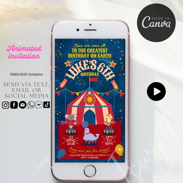 Carnaval d'invitation texte Animation d'anniversaire vidéo d'invitation de cirque, invitation numérique de carnaval, texte d'invitation de cirque press & play canva