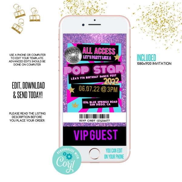 Editable VIP pass birthday invitation,limo birthday evite, e-invitation, Electronic Invite, text message invitation,vip pass evite pop star