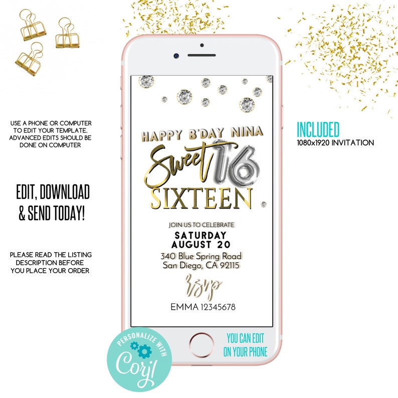 EDITABLE Electronic Sweet Sixteen Invitation Sweet 16 Etsy