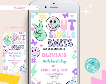 Out single digits retro text invitation, 10th birthday e-invite, corjl phone invitation, Editable Invitation, Digital Invite, 10th bday