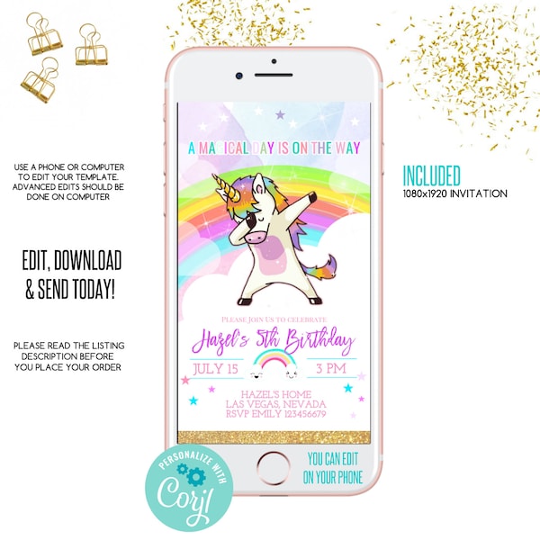 Unicorn digital invite, unicorn birthday, invitation,magical birthday, iphone invitation, unicorn invitation, Electronic Invite, smartphone,