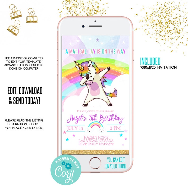Unicorn digital invite, unicorn birthday, invitation,magical birthday, iPhone invitation, unicorn invitation, Electronic Invite, smartphone, image 1
