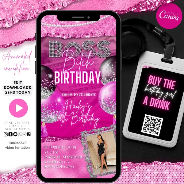 Glam boss bitch birthday electronic invitation,editable birthday invitation,party invitation, adult birthday party evite template, instant