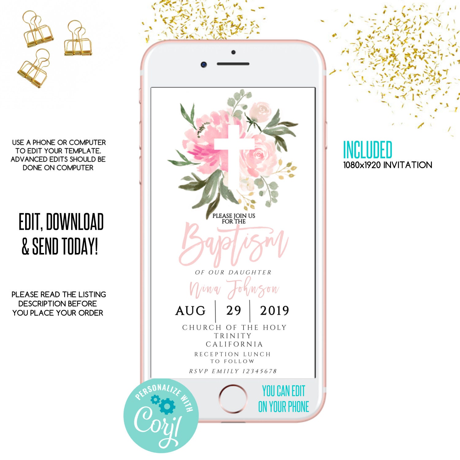 electronic girl baptism invitation, e-invite, floral phone invitation…