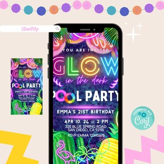 Striscione Per Festa Di Compleanno In Piscina Che Si Illumina Al Buio – Neon Pool Party Con Elementi Estivi