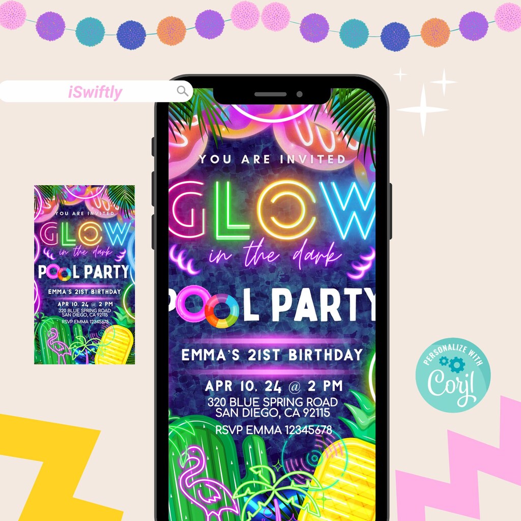 Striscione Per Festa Di Compleanno In Piscina Che Si Illumina Al Buio – Neon Pool Party Con Elementi Estivi