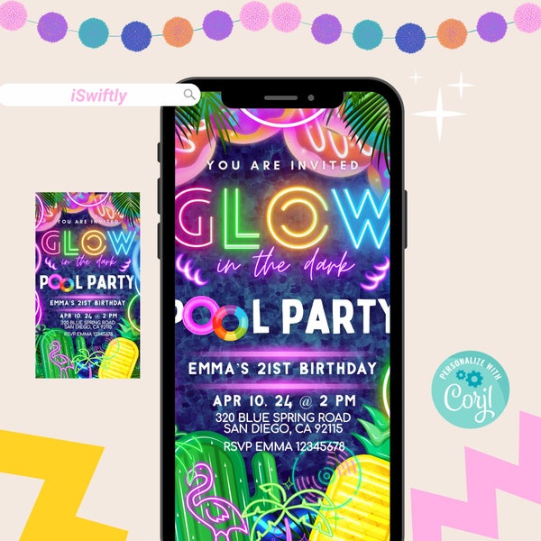 Glow in the dark pool party text invitation,pool neon glow birthday invitation,Electronic Invite,pool party text Invite,summer text invite
