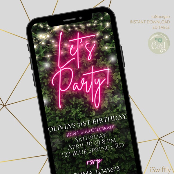Pink neon let's party digital invitation,text invitation birthday party instant download,dinner greenery invitation,mobile phone invitation