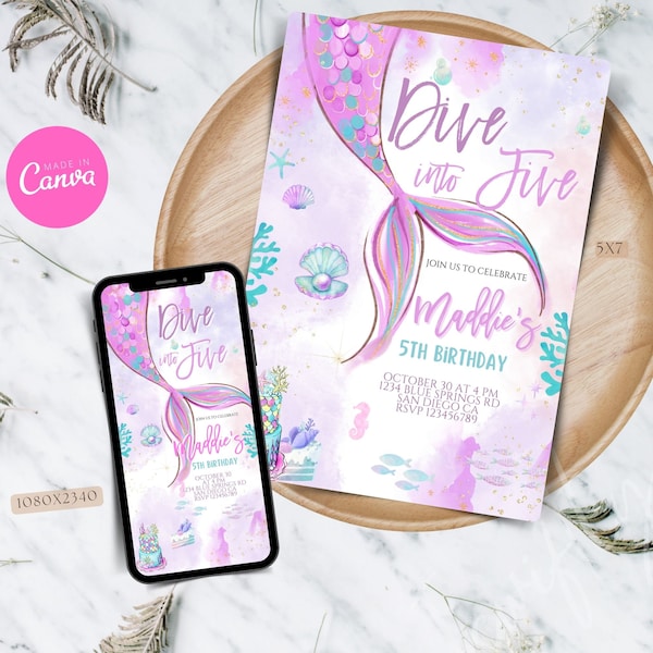 dive into five mermaid invitation, birthday invitation, mermaid text message invitation, birthday party invite, editable template,printable