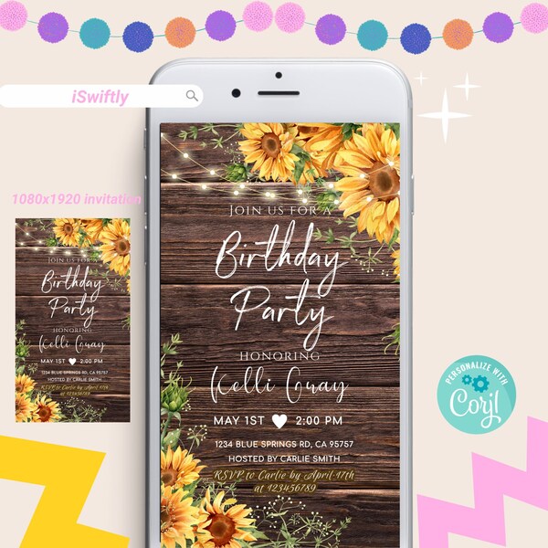 Editable text invitation sunflower instant download phone invitation marquee lights garden party invitation message invitation instant evite