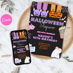 Pink Halloween sleepover birthday invitation,sleep under editable Halloween invitation,sleepover halloween text message invitation,printable