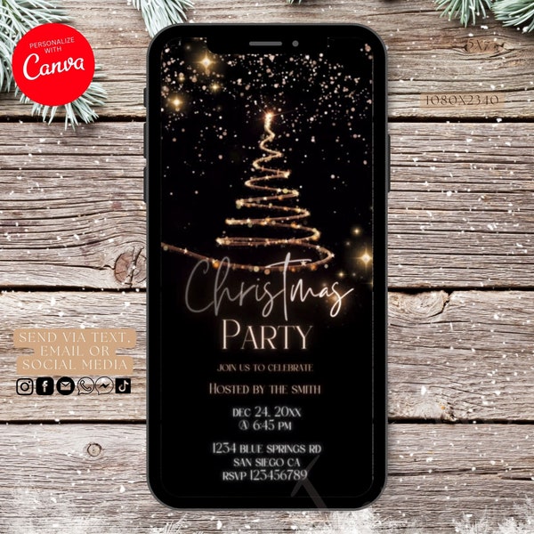 Animated Christmas party invitation, electronic Christmas dinner video invitation, Holiday Evite,editable Xmas party text invitation digital