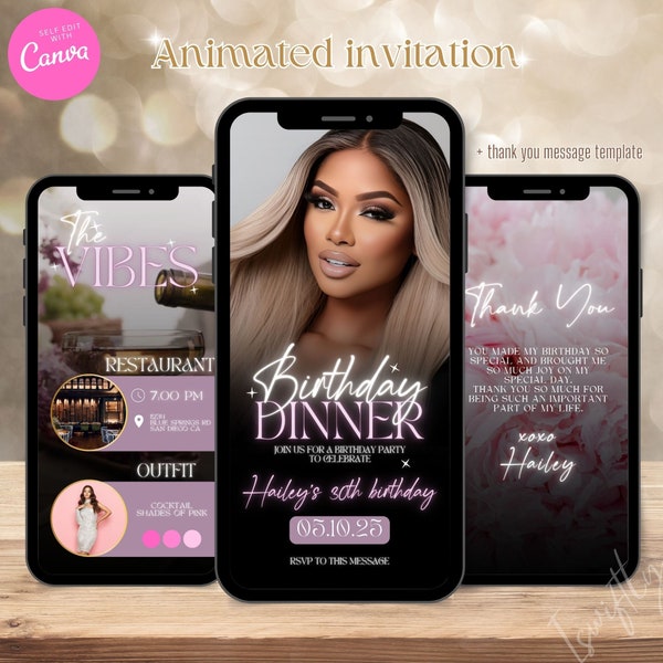 Animated glam Birthday dinner video invitation,digital birthday invitation,text invitation dinner party,birthday itinerary evite template