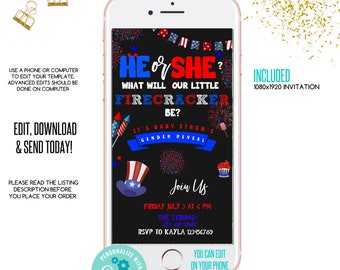 4th of July gender reveal e-invitation, Forth of July invite,bbq invitation, Electronic Invite, 4th of july baby shower message template