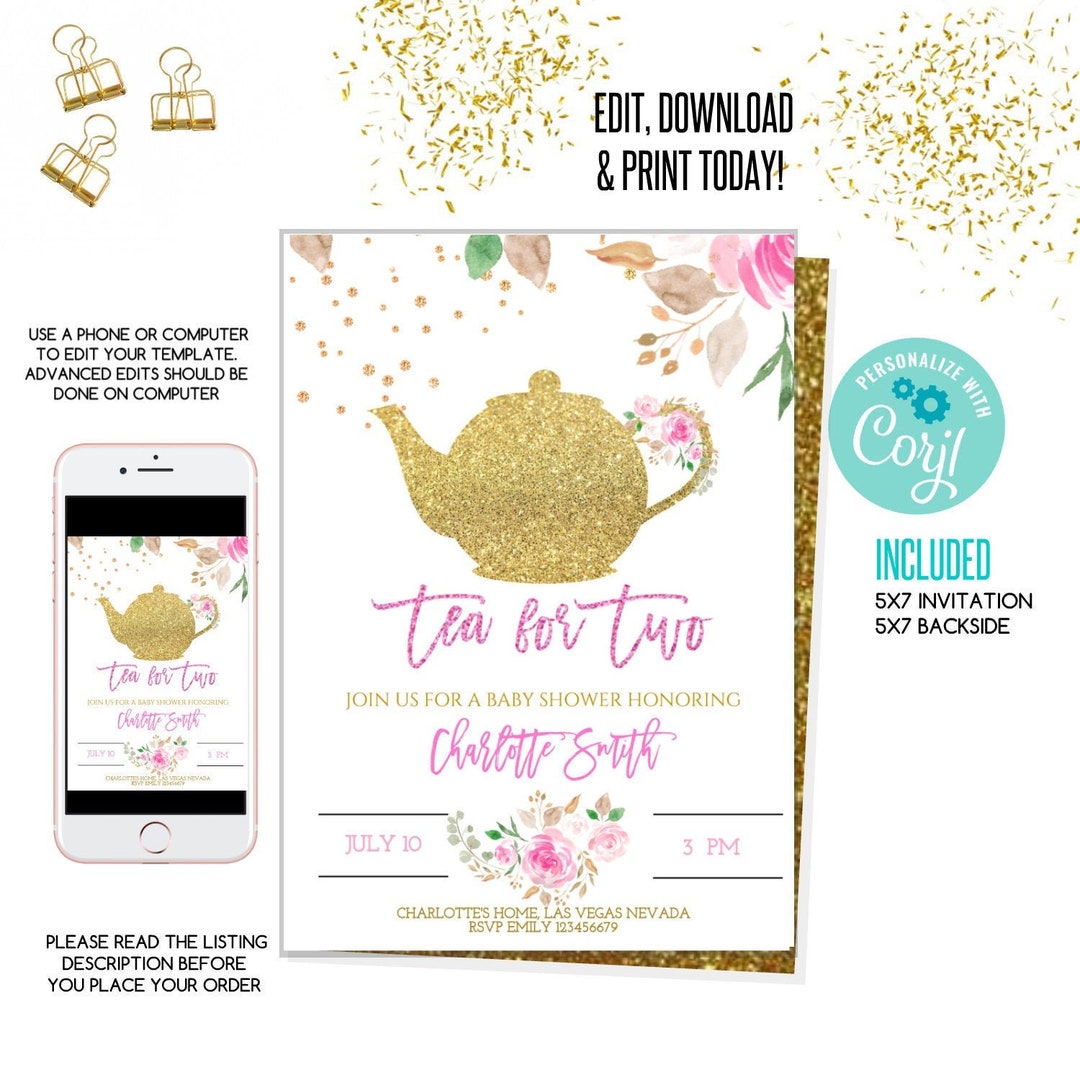 Tea for Two Baby Shower Invitation,printable Tea Floral Baby Shower