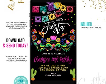 EDITABLE fiesta birthday text invitation, e-invite, black and gold phone invitation, Editable Invitation, Digital Invite, fiesta e-invite,