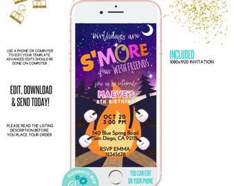 Smore birthday text invitation, birthdays are smore fun e-invite, bonfire phone invitation, Editable Invitation, Digital bonfire Invitation