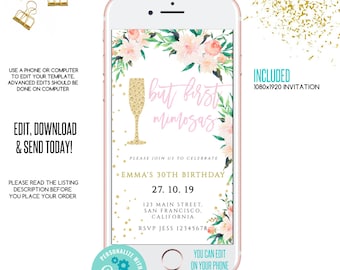 But first mimosas,birthday mimosas invitation, floral e-invite, black and gold phone invitation, Editable Invitation, Digital Invite,