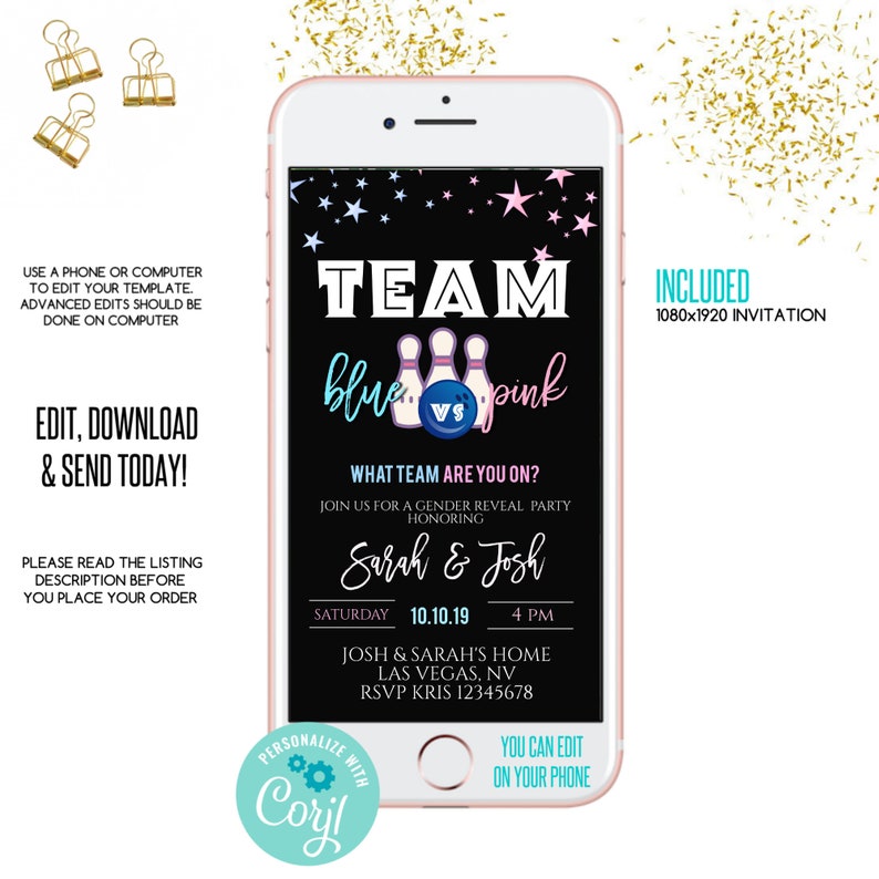 Digital Bowling Gender Reveal Invitation With Stars Bowling Etsy