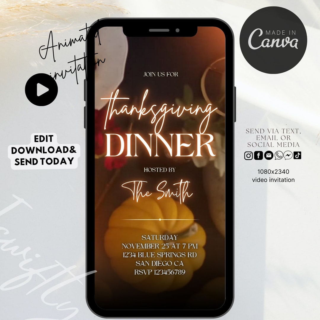 Animated Thanksgiving Dinner Video Invitation,digital Thanksgiving