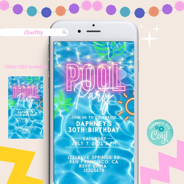Pool Party text invitation,neon summer evite birthday iphone invitation, pool party invitation, Electronic Invite, smartphone,pool party sms
