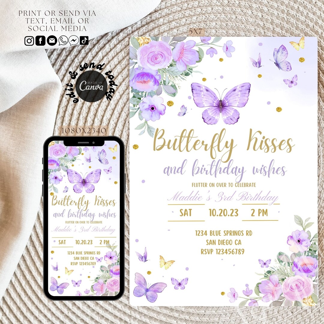 Butterfly Kisses and Birthday Wishes Birthday Text Invitation
