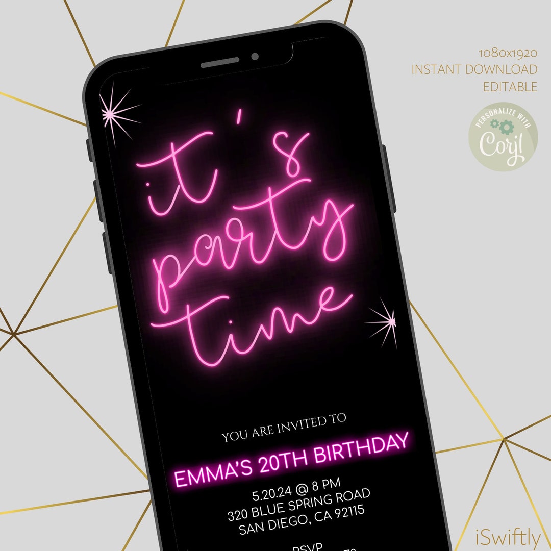 Editable Let's Party Neon Birthday Text Invitation, Celebration ...