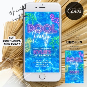 Editable summer pool party video invitation, digital video invitation canva, animated swimming pool party text invitation, pool party evite