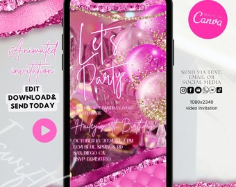 Glam pink glitter balloon birthday animated invitation,editable birthday invitation,party invitation, adult birthday party evite template