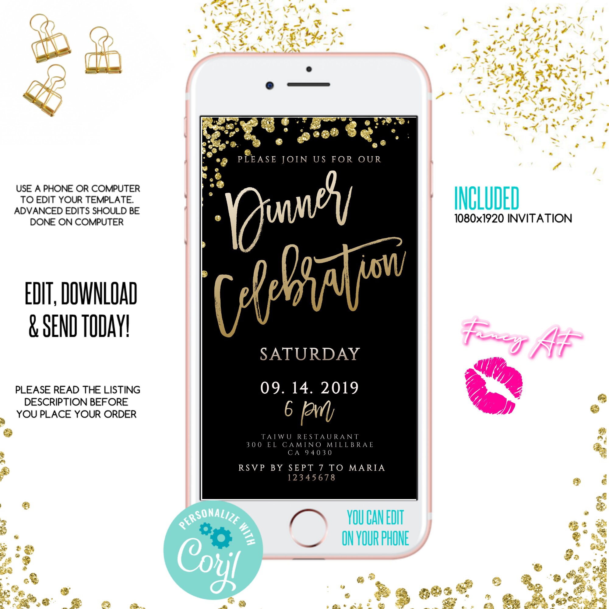 EDITABLE party invitation,Dinner celebration,gold e-invite, black and…