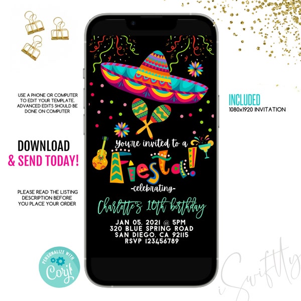 EDITABLE fiesta birthday text invitation, e-invite, fiesta birthday phone invitation, Editable Invitation, Digital Invite, fiesta e-invite,